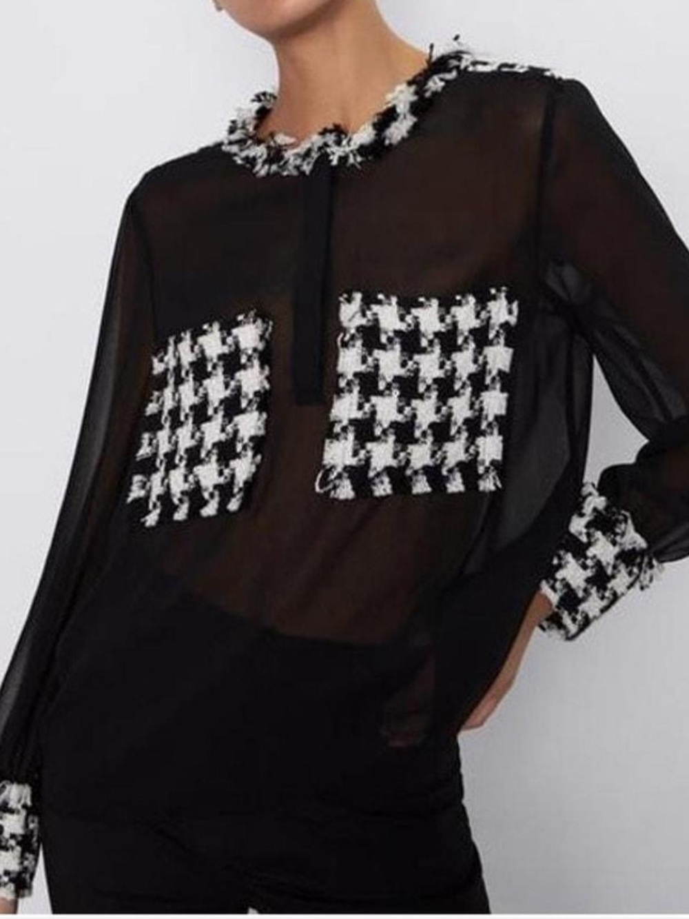 Zara Sheer Houndstooth Tweed Combination Long Sleeve Blouse - Size M